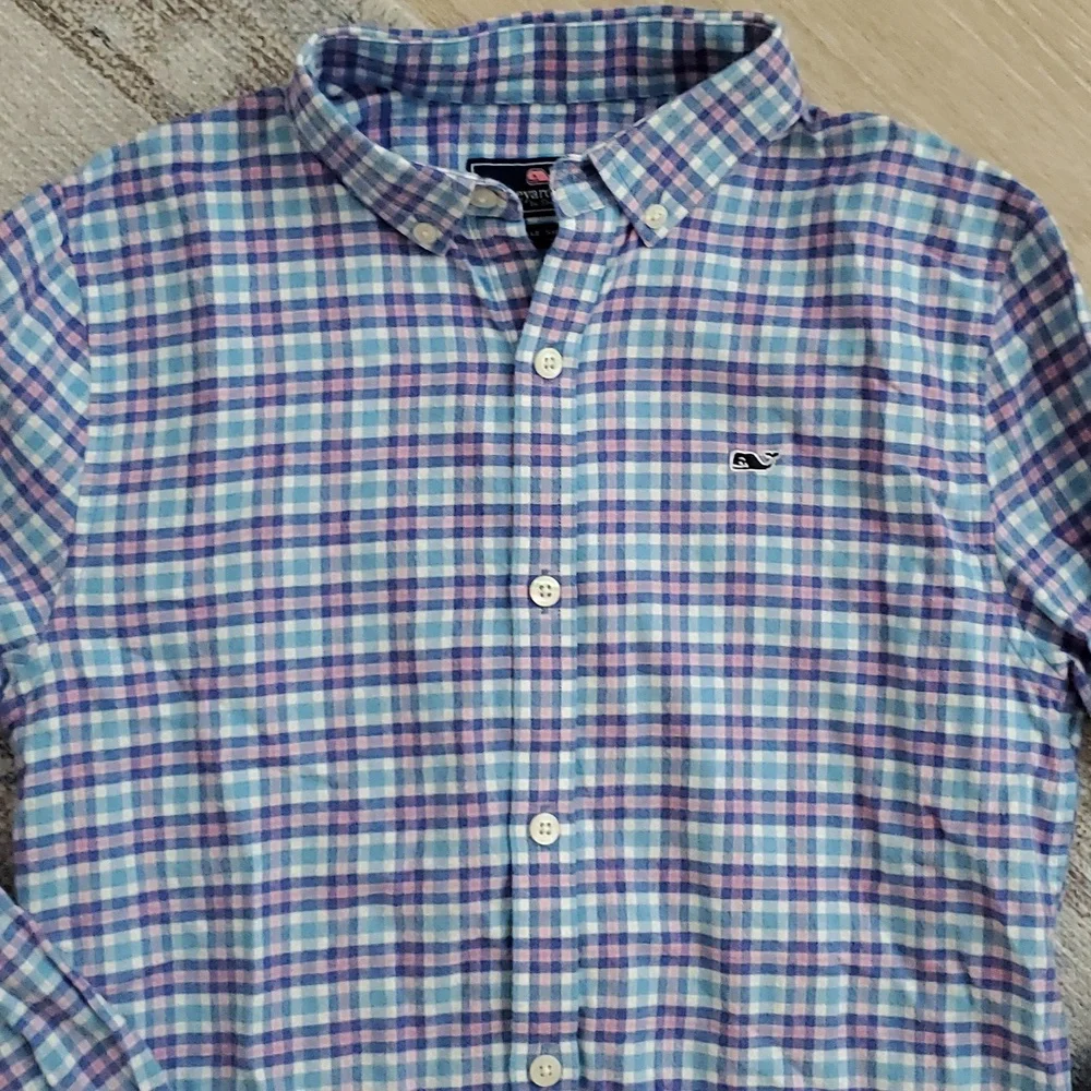 Vineyard Vines Boys Blue Pink Flannel Cotton Whale Shirt Button-up SzM (12-14)